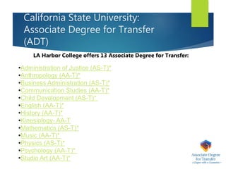 California State University:
Associate Degree for Transfer
(ADT)
LA Harbor College offers 13 Associate Degree for Transfer:
•Administration of Justice (AS-T)*
•Anthropology (AA-T)*
•Business Administration (AS-T)*
•Communication Studies (AA-T)*
•Child Development (AS-T)*
•English (AA-T)*
•History (AA-T)*
•Kinesiology- AA-T
•Mathematics (AS-T)*
•Music (AA-T)*
•Physics (AS-T)*
•Psychology (AA-T)*
•Studio Art (AA-T)*
 