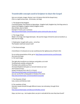 Transferable concepts used in Scripture to share the Gospel<br />Here are concepts, images, themes I see in Scripture that tell the Gospel story:<br />(This is a rapid cursory view… 20 minutes, not long)<br />1. The Gospel of the Kingdom<br />a narrative gospel, from Genesis to Apocalypse : kingdom built, kingdom lost, the King comes to restore the kingdom, kingdom rebuilt, kingdom comes<br />(Out of Eden, back to Eden)<br />Example in French, just a summary:<br />http://pouvoirdechanger.com/ameavide/la-quete-continue/le-plan-de-dieu/<br />2. The Image of God<br />Made in His image, the image destroyed… We see the image ( Christ) He came to transform us back into His image.<br />4. Redemption: bought with a price... to be free<br />The freedom motif and ransom motif<br />5. The Great exchange<br />2 Corinthians 5: he became sin so we could become the righteousness of God in Him<br />For an online presentation of this, go to: http://www.avantiministries.com/think.php<br />the movie the Hope: <br />6. Felt need images<br />The Light who transforms our darkness and guides us to truth<br />The Bread who satisfies and gives life<br />The Water who satisfies our thirst<br />The Good Shepherd who gives us rest and restores our soul<br />The Friend of sinners<br />Gospel introduced from Luke 15, in French:<br />http://pouvoirdechanger.com/ameavide/le-retour/<br />you can use the film La Busqueda to introduce the articlehttp://pouvoirdechanger.com/ameavide/la-busqueda/<br />7. The Character of God<br />Love, Justice and Holiness meet<br />8. The revelation of God<br />God who reveals Himself through different means, but ultimately, through Christ<br />In French<br />http://pouvoirdechanger.com/decouvrir/foi/dieu-est-la/<br />Oops, my time is up... but maybe others can join in and add all the ones they have found?<br />