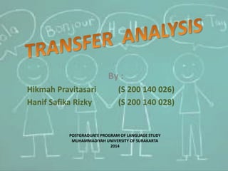 By : 
Hikmah Pravitasari (S 200 140 026) 
Hanif Safika Rizky (S 200 140 028) 
POSTGRADUATE PROGRAM OF LANGUAGE STUDY 
MUHAMMADIYAH UNIVERSITY OF SURAKARTA 
2014 
 