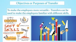 Objectives or Purposes of Transfer
To make the employees more versatile:- Transfers can be
used to make the employees familiar with different skills.
 