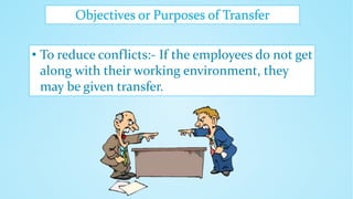 Objectives or Purposes of Transfer
• To reduce conflicts:- If the employees do not get
along with their working environment, they
may be given transfer.
 