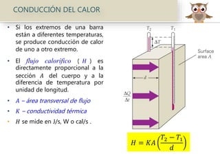 CONDUCCIÓN DEL CALOR
• Si los extremos de una barra
están a diferentes temperaturas,
se produce conducción de calor
de uno a otro extremo.
• El flujo calorífico ( 𝐻 ) es
directamente proporcional a la
sección 𝐴 del cuerpo y a la
diferencia de temperatura por
unidad de longitud.
• 𝐴 – área transversal de flujo
• 𝐾 – conductividad térmica
• 𝐻 se mide en J/s, W o cal/s .
𝐻 = 𝐾𝐴
𝑇2 − 𝑇1
𝑑
 