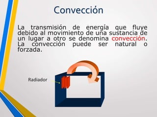 Convección
La transmisión de energía que fluye
debido al movimiento de una sustancia de
un lugar a otro se denomina convección.
La convección puede ser natural o
forzada.
Radiador
 