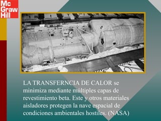 LA TRANSFERNCIA DE CALOR se
minimiza mediante múltiples capas de
revestimiento beta. Este y otros materiales
aisladores protegen la nave espacial de
condiciones ambientales hostiles. (NASA)
 