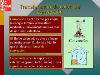 Transferencia de calor por
              convección
Convección es el proceso por el que
la energía térmica se transfiere
mediante el movimiento masivo real
de un fluido calentado.

El fluido calentado se eleva y luego
se sustituye por fluido más frío, lo
                                          Convección
que produce corrientes de
convección.

La geometría de las superficies
calentadas (pared, techo, suelo) afecta
significativamente la convección.
 