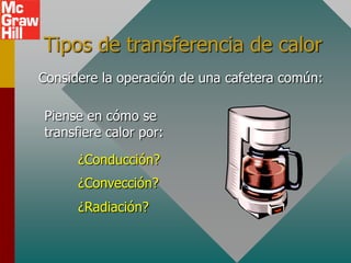 Tipos de transferencia de calor
Considere la operación de una cafetera común:

Piense en cómo se
transfiere calor por:

      ¿Conducción?
      ¿Convección?
      ¿Radiación?
 