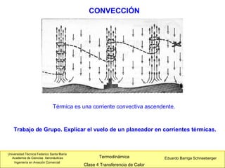 Universidad Técnica Federico Santa María
Academia de Ciencias Aeronáuticas
Ingeniería en Aviación Comercial
Eduardo Barriga SchneebergerTermodinámica
Clase 4 Transferencia de Calor
CONVECCIÓN
Térmica es una corriente convectiva ascendente.
Trabajo de Grupo. Explicar el vuelo de un planeador en corrientes térmicas.
 