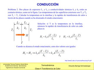 Universidad Técnica Federico Santa María
Academia de Ciencias Aeronáuticas
Ingeniería en Aviación Comercial
Eduardo Barriga SchneebergerTermodinámica
Clase 4 Transferencia de Calor
CONDUCCIÓN
http://www2.udec.cl/~jinzunza/fisica/cap14.pdf
Problema 2. Dos placas de espesores L1 y L2 y conductividades térmicas k1 y k2 están en
contacto térmico, como en la figura. Las temperaturas de las superficies exteriores son T1 y T2,
con T2 > T1. Calcular la temperatura en la interfase y la rapidez de transferencia de calor a
través de las placas cuando se ha alcanzado el estado estacionario.
Solución: si T es la temperatura en la interfase,
entonces la rapidez de transferencia de calor en cada
placa es:
Cuando se alcanza el estado estacionario, estos dos valores son iguales:
 