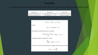 Formulas
En condiciones estacionarias, el balance de energía sobre este elemento de volumen se puede expresar como:
 