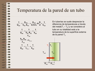 Temperatura de la pared de un tubo
ext
ext
int
int
ext
ext h
1
d
D
ln
L
π
2
k
A
A
h
A
U
1



En tuberías se suele despreciar la
diferencia de temperaturas a través
del metal(T1 – T2) y se considera al
tubo en su totalidad está a la
temperatura de la superficie externa
de la pared T2
ext
ext
int
int
ext
int
int
ext
h
1
1
U
1
A
h
h
1
A
h
1
U
1





o
int,
o
int,
ext
ext
h
h
A
A
T1 T2
Text Tint
Rext Rint,o
 