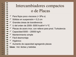 Intercambiadores compactos
o de Placas
 Para flujos poco viscosos (< 5Pa s)
 Sólidos en suspensión < 0,3 cm
 Grandes áreas de transferencia
 U del orden de 2000- 5000 kcal/m2
h ºC
 Placas de acero inox. con relieve para prod. Turbulencia
 Capacidad:5000 – 20000 kg/h
 Mantenimiento simple
 Fácil desmontaje
 Higiénico
 Aumento de capacidad agregando placas
Usos : Ind. láctea y bebidas
 