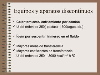 Equipos y aparatos discontinuos
• Calentamiento/ enfriamiento por camisa
 U del orden de 250( pastas)- 1500(agua, eb.)
• Ídem por serpentín inmerso en el fluido
 Mayores áreas de transferencia
 Mayores coeficientes de transferencia
U del orden de 250 – 3000 kcal/ m2
h ºC
 
