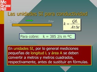 Las unidades SI para conductividad
Caliente Frío QL
k
A t


D
Para cobre: k = 385 J/s m ºC
Taken literally, this means that for a 1-m length
of copper whose cross section is 1 m2 and
whose end points differ in temperature by 1 C0,
heat will be conducted at the rate of 1 J/s.
En unidades SI, por lo general mediciones
pequeñas de longitud L y área A se deben
convertir a metros y metros cuadrados,
respectivamente, antes de sustituir en fórmulas.
 