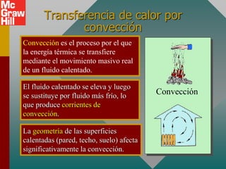 Transferencia de calor por
convección
Convección es el proceso por el que
la energía térmica se transfiere
mediante el movimiento masivo real
de un fluido calentado.
Convección
El fluido calentado se eleva y luego
se sustituye por fluido más frío, lo
que produce corrientes de
convección.
La geometría de las superficies
calentadas (pared, techo, suelo) afecta
significativamente la convección.
 