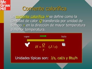 Corriente calorífica
vapor hielo
( / )
Q
H J s


La corriente calorífica H se define como la
cantidad de calor Q transferida por unidad de
tiempo  en la dirección de mayor temperatura
a menor temperatura.
Unidades típicas son: J/s, cal/s y Btu/h
 