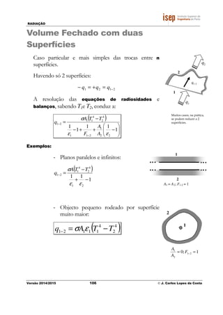 RADIAÇÃO
Versão 2014/2015 106 © J. Carlos Lopes da Costa
Volume Fechado com duas
Superfícies
Caso particular e mais simples das trocas entre n
superfícies.
Havendo só 2 superfícies:
2121 −=+=− qqq
A resolução das equações de radiosidades e
balanços, sabendo T1e T2, conduz a:
( )






−++−
−
=
−
−
1
11
1
1
22
1
211
4
2
4
11
21
εε
σ
A
A
F
TTA
q
Exemplos:
- Planos paralelos e infinitos:
( )
1
11
21
4
2
4
1
21
−+
−
=−
εε
σ TTA
q
- Objecto pequeno rodeado por superfície
muito maior:
( )4
2
4
11121 TTAq −=− εσ
2
21−q
1
1q
2q
Muitos casos, na prática,
se podem reduzir a 2
superfícies.
1
2
A1 = A2; F1-2 = 1
1;0 21
2
1
=≈ −F
A
A
2
1
 