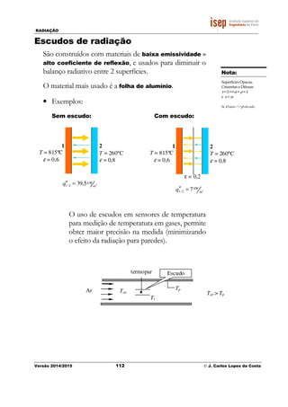 RADIAÇÃO
Versão 2014/2015 112 © J. Carlos Lopes da Costa
Escudos de radiação
São construídos com materiais de baixa emissividade ≡
alto coeficiente de reflexão, e usados para diminuir o
balanço radiativo entre 2 superfícies.
O material mais usado é a folha de alumínio.
• Exemplos:
Sem escudo: Com escudo:
O uso de escudos em sensores de temperatura
para medição de temperatura em gases, permite
obter maior precisão na medida (minimizando
o efeito da radiação para paredes).
2
T = 260°C
ε = 0,8
1
T = 815ºC
ε = 0,6
2
m
kW
21 5,39=′′−q
2
T = 260°C
ε = 0,8
1
T = 815ºC
ε = 0,6
2
m
kW
21 7=′′−q
ε = 0,2
termopar
Ar Tar Tar > Tp
Tp
Tt
Escudo
Nota:
Superfícies Opacas,
Cinzentas e Difusas:
τ = 0 =>α + ρ = 1
e ε = α
Se ε baixo =>ρ elevado
 