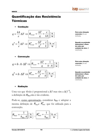 INDICE
Versão 2014/2015 14 © J. Carlos Lopes da Costa
Quantificação das Resistência
Térmicas
• Condução
⇒∆= T
e
kA
q
kA
e
q
T
RCond =
∆
=




W
K
⇒∆=′′ T
e
k
q
k
e
q
T
RCond =
′′
∆
=′′





 ⋅
W
mK 2
• Convecção
⇒∆⋅⋅= TAhq Ahq
T
RConv
⋅
=
∆
=
1




W
K
⇒∆⋅=′′ Thq hq
T
RConv
1
=
′′
∆
=′′





 ⋅
W
mK 2
• Radiação
Uma vez que qnão é proporcional a ∆T mas sim a ∆(T 4
),
a definição de RRad não é tão evidente.
Pode-se, como aproximação, considerar hRD e adoptar a
mesma definição de RRade RadR′′ que foi utilizada para a
convecção.
RRad =
1
hRD A 



W
K
;
RD
1
h
RRad =′′





 ⋅
W
mK 2
Para uma situação
concreta (A está
definida).
Quando se pretende
determinar o fluxo
de calor por
unidade de área (A
indefinida).
Para uma situação
concreta (A está
definida).
Quando se pretende
determinar o fluxo
de calor por
unidade de área (A
indefinida).
 