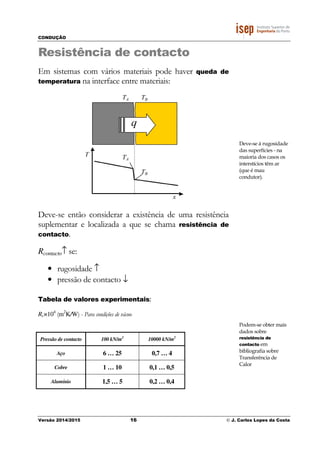 CONDUÇÃO
Versão 2014/2015 16 © J. Carlos Lopes da Costa
Resistência de contacto
Em sistemas com vários materiais pode haver queda de
temperatura na interface entre materiais:
Deve-se então considerar a existência de uma resistência
suplementar e localizada a que se chama resistência de
contacto.
Rcontacto↑ se:
• rugosidade ↑
• pressão de contacto ↓
Tabela de valores experimentais:
Rc×104
(m2
K/W) - Para condições de vácuo
Pressão de contacto 100 kN/m2
10000 kN/m2
Aço 6 … 25 0,7 … 4
Cobre 1 … 10 0,1 … 0,5
Alumínio 1,5 … 5 0,2 … 0,4
Deve-se á rugosidade
das superfícies - na
maioria dos casos os
interstícios têm ar
(que é mau
condutor).
Podem-se obter mais
dados sobre
resistência de
contacto em
bibliografia sobre
Transferência de
Calor
 