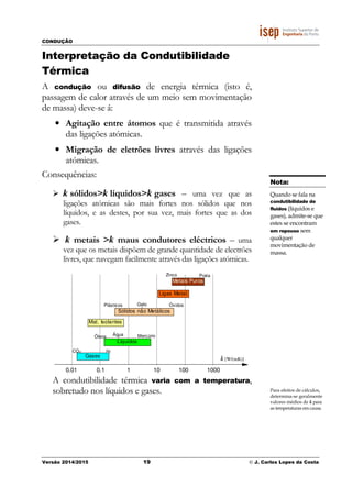 CONDUÇÃO
Versão 2014/2015 19 © J. Carlos Lopes da Costa
Interpretação da Condutibilidade
Térmica
A condução ou difusão de energia térmica (isto é,
passagem de calor através de um meio sem movimentação
de massa) deve-se á:
• Agitação entre átomos que é transmitida através
das ligações atómicas.
• Migração de eletrões livres através das ligações
atómicas.
Consequências:
k sólidos>k líquidos>k gases – uma vez que as
ligações atómicas são mais fortes nos sólidos que nos
líquidos, e as destes, por sua vez, mais fortes que as dos
gases.
k metais >k maus condutores eléctricos – uma
vez que os metais dispõem de grande quantidade de electrões
livres, que navegam facilmente através das ligações atómicas.
0.01 0.1 1 10 100 1000
λ
Gases
Líquidos
Mat. Isolantes
Sólidos não Metálicos
Ligas Metal.
Metais Puros
GeloPlásticos Óxidos
Zinco Prata
Óleos MercúrioÁgua
CO2 H2
A condutibilidade térmica varia com a temperatura,
sobretudo nos líquidos e gases.
Nota:
Quando se fala na
condutibilidade de
fluidos (líquidos e
gases), admite-se que
estes se encontram
em repouso sem
qualquer
movimentação de
massa.
Para efeitos de cálculos,
determina-se geralmente
valores médios de k para
as temperaturas em causa.
k [W/(mK)]
 
