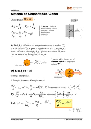 CONDUÇÃO
Versão 2014/2015 35 © J. Carlos Lopes da Costa
( )
⇒
−
=⇒
=⇒−=−
⇒−=−=⇒−=





−−=⇒−=
∫∫
∞∞ −=
t
pcV
hA
dt
d
dt
dT
e
t
t
cV
hA
dt
cV
hA
dθ
θ
dt
cV
hA
dhA
dt
d
cV
TtThA
dt
dT
cVq
dt
dQ
ip
i
t
p
θ
θp
p
psai
i
TtTθ(t)
ρ
θ
θ
θ
ρ
θθ
ρρ
θ
θ
θ
θ
ρ
ρ
)(
lnln
11
)(
0
:Integrando
)(:Adoptando
Sistema de Capacitância Global
O que traduz 0,1Bi < ?
RCD =
L
kA
; RCV =
1
hA
RCD
RCV
=
L
kA
1
hA
=
hL
k
= Bi
Se Bi<0,1, a diferença de temperaturas entre o núcleo (T0)
e a superfície (TP) é pouco significativa, em comparação
com a diferença global (T0-T∞). Quanto menor for Bi, mais
nos aproximamos da seguinte situação:
Dedução de T(t)
Balanço energético:
∆Energia Interna = Energia que sai
RCV
Tcorpo
T∞
Corpo Sólido
O corpo sólido forma um só
sistema global de temperatura
uniforme T(t).
Exemplo:
Placa plana
RCVRCD
T∞
TP
T0
x
L0
Se Bi<0,1, é porque a
resistência de condução
é inferior a 10% da
resistência de
convecção.
θ(t)
θi
= e−Bi⋅Fo
Nota :
θ(t)
θi
=
T(t)−T∞
Ti −T∞
dQ
dt… se consideramos
arrefecimento
qsaiqentra
 