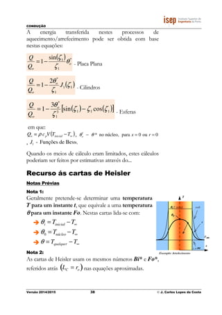 CONDUÇÃO
Versão 2014/2015 38 © J. Carlos Lopes da Costa
x
T
θθθθi(T inicial)
T∞∞∞∞
t=0
t =∞∞∞∞
Exemplo: Arrefecimento
t
θθθθ0
θθθθ
A energia transferida nestes processos de
aquecimento/arrefecimento pode ser obtida com base
nestas equações:
( ) *
1
1sin
1 o
oQ
Q
θ
ζ
ζ
−= - Placa Plana
( )11
1
*
2
1 ζ
ζ
θ
J
Q
Q o
o
−= - Cilindros
( ) ( )[ ]1113
1
*
cossin
3
1 ζζζ
ζ
θ
−−= o
oQ
Q
- Esferas
em que:
( )∞−TTVcQ inicialpo = ρ , θo
*
− θ * no núcleo, para x = 0 ou r = 0
, J1 - Funções de Bessel.
Quando os meios de cálculo eram limitados, estes cálculos
poderiam ser feitos por estimativas através do...
Recurso ás cartas de Heisler
Notas Prévias
Nota 1:
Geralmente pretende-se determinar uma temperatura
T para um instante t, que equivale a uma temperatura
θθθθ para um instante Fo. Nestas cartas lida-se com:
θi = Tinicial −T∞
θ0 = Tnúcleo −T∞
θ = Tqualquer − T∞
Nota 2:
As cartas de Heisler usam os mesmos números Bi* e Fo*,
referidos atrás LC = ro( )nas equações aproximadas.
 