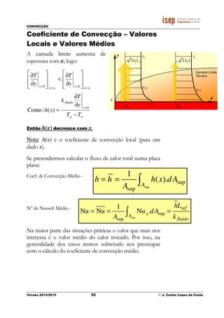 CONVECÇÃO
Versão 2014/2015 52 © J. Carlos Lopes da Costa
Coeficiente de Convecção – Valores
Locais e Valores Médios
A camada limite aumenta de
espessura com x; logo:
∞
=
====
−
∂
∂
=








∂
∂
<








∂
∂
TT
y
T
k
xh
y
T
y
T
p
y
fluido
xxyxxy
0
00
)(:Como
12
Então h(x) decresce com x.
Nota: h(x) é o coeficiente de convecção local (para um
dado x).
Se pretendermos calcular o fluxo de calor total numa placa
plana:
Coef. de Convecção Médio -
Nº de Nusselt Médio -
Na maior parte das situações práticas o valor que mais nos
interessa é o valor médio do calor trocado. Por isso, na
generalidade dos casos iremos sobretudo nos preocupar
com o cálculo do coeficiente de convecção médio.
x
y
Camada Limite
Térmica
T∞
T(y)
Tp
T∞
T(y)
Tp
0
x2x1
)( 1xq′′ )( 2xq′′
sup
sup
sup
1
( ).
A
h h h x dA
A
= = ∫
sup
sup
sup
1
Nu Nu Nu .
ref
xA
fluido
hL
dA
A k
= = =∫
 