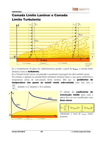 CONVECÇÃO
Versão 2014/2015 53 © J. Carlos Lopes da Costa
Camada Limite Laminar e Camada
Limite Turbulenta
Se o comprimento da placa for suficientemente grande, a partir de xcrítico, a camada limite
dinâmica torna-se turbulenta.
Se a Camada Limite cresce, em princípio a resistência à passagem de calor também cresce.
No entanto, a agitação na camada limite turbulenta aumenta muito, o que quase uniformiza a
temperatura acima da sub-camada limite laminar. Daí que os gradientes de
temperatura vão quase só existir nesta sub-camada mais fina. Isto é:
O cálculo do coeficiente de
convecção médio (para toda a
placa) deve ter em consideração estas
duas zonas:
Admitindo a zona de xcrítico muito
pequena.
aumenta)(aumentaaumenta xhq
y
T
oy
⇒′′⇒
∂
∂
=
x
y T∞
Tp
0
C. L. Laminar C. L. TurbulentaTransição Sub-Camada
Laminar
Transição
ZonaTurbulenta
v∞ v∞ T∞
Tp
T(y)
T(y)
xcrítico
x
y
0
C. L. Laminar C. L. TurbulentaTrans.
xcrítico
h
h(x)
h(x)
lam turb
0
1
( ) ( )
critico
critico
x L
x
h h x dx h x dx
L
 
 = +
 
 
∫ ∫
 