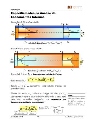 CONVECÇÃO
Versão 2014/2015 50 © J. Carlos Lopes da Costa
Especificidades na Análise de
Escoamentos Internos
É usual definir-se Tm – Temperatura média do Fluido
Para um dado x: ( )mp TTxhxq −=′′ )()(
Sendo Te e Ts as respectivas temperaturas médias, na
entrada e saída.
Como os mp TTT −=∆ variam ao longo do tubo (de x),
demonstra-se que o mais indicado para todo o tubo será
usar um T∆ médio designado por Diferença de
Temperaturas Média Logarítmica:
ln.. TAhq ∆=
Em todo o tubo Interior






∆
∆
∆−∆
=∆
saída
entrada
saídaentrada
ln
ln
:Sendo
T
T
TT
T
Tmax1 T
r Tp
Tmax2 T
r Tp
Tm Tm
Te
Ts
Tmin1 T
r Tp
Tmin2 T
r Tp
Tm Tm
Te
Ts
Admitindo Tp uniforme: Te>Tmax1>Tmax2>Ts
Admitindo Tp uniforme: Te<Tmin1>Tmin2>Ts
Caso II: Parede quente aquece o fluido
Caso I: Parede fria arrefece o fluido
x
x
Nota:
Para mais detalhes acerca
de lnT∆ , consultar o
capítulo relativo a
Permutadores de Calor.
 