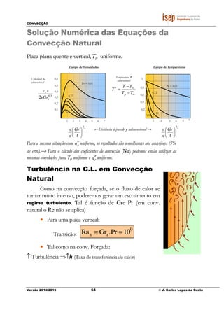 CONVECÇÃO
Versão 2014/2015 64 © J. Carlos Lopes da Costa
Solução Numérica das Equações da
Convecção Natural
Placa plana quente e vertical, Tp uniforme.
Para a mesma situação com pq ′′ uniforme, os resultados são semelhantes aos anteriores (5%
de erro).→ Para o cálculo dos coeficientes de convecção (Nu) podemos então utilizar as
mesmas correlações para Tp uniforme e pq ′′ uniforme.
Turbulência na C.L. em Convecção
Natural
Como na convecção forçada, se o fluxo de calor se
tornar muito intenso, poderemos gerar um escoamento em
regime turbulento. Tal é função de Gre Pr (em conv.
natural o Re não se aplica)
• Para uma placa vertical:
Transição:
9
Ra Gr .Pr 10x x= ≈
• Tal como na conv. Forçada:
↑ Turbulência ⇒↑h (Taxa de transferência de calor)
1
∞
∞∗
−
−
=
TT
TT
T
p
4
1
4





 Gr
x
y 4
1
4





 Gr
x
y
5,0
2 x
x
Gr
xv
ν
Campo de TemperaturasCampo de Velocidades
2 3 4 5 6 7 2 3 4 5 61
0,4
0,6
0,8
0,2
1
0,1
0,2
0,3
0,4
0,5
0,6
Pr = 0,01
0,72
10
100
0,72
10
Pr = 0,01
←Distância à parede y adimensional →
Temperatura T
adimensional
Velocidade vx
adimensional
 