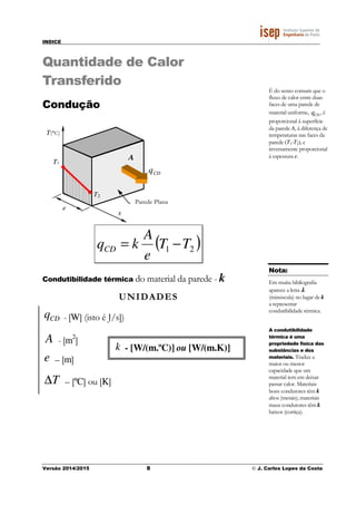INDICE
Versão 2014/2015 8 © J. Carlos Lopes da Costa
Quantidade de Calor
Transferido
Condução
( )21 TT
e
A
kqCD −=
Condutibilidade térmica do material da parede - k
UNIDADES
CDq - [W] (isto é J/s])
A - [m2
]
e – [m]
T∆ – [ºC] ou [K]
T1
T(°C)
e
x
CDq
A
T2
Parede Plana
É do senso comum que o
fluxo de calor entre duas
faces de uma parede de
material uniforme, CDq , é
proporcional à superfície
da parede A, á diferença de
temperaturas nas faces da
parede (T1-T2), e
inversamente proporcional
à espessura e.
k - [W/(m.ºC)] ou [W/(m.K)]
A condutibilidade
térmica é uma
propriedade física das
substâncias e dos
materiais. Traduz a
maior ou menor
capacidade que um
material tem em deixar
passar calor. Materiais
bons condutores têm k
altos (metais); materiais
maus condutores têm k
baixos (cortiça).
Nota:
Em muita bibliografia
aparece a letra λλλλ
(minúscula) no lugar de k
a representar
condutibilidade térmica.
 