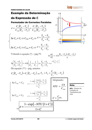 PERMUTADORES DE CALOR
Versão 2014/2015 84 © J. Carlos Lopes da Costa
Exemplo da Determinação
da Expressão de εεεε
Permutador de Correntes Paralelas
( )
( )
( )
( )feqe
fefsf
feqe
qsqeq
TTC
TTC
TTC
TTC
−
−
=
−
−
=
minmin
ε
Se Cq < Cf ⇒ Cmin = Cq ⇒
feqe
qsqe
TT
TT
−
−
=ε
Se Cq > Cf ⇒ Cmin = Cf ⇒
feqe
fsfe
TT
TT
−
−
=ε
Voltando à equação (*) – pág.79:








+−
=
−
−
⇒








+−=








−
− fq CC
UA
feqe
fsqs
fqfeqe
fsqs
e
TT
TT
CC
UA
TT
TT
11
11
ln
Da equação (**) – pág. anterior:
( ) ( )efsffsqeqq TTCTTC −=− ⇒ ( )qsqe
f
q
fefs TT
C
C
TT −+=
Se Cmin = Cq:
f
q
f
q
q
C
C
C
C
C
UA
+
















+








−−
=
1
1exp1
ε
Se Cmin = Cf:
q
f
q
f
f
C
C
C
C
C
UA
+
















+








−−
=
1
1exp1
ε
⇒
( )( )1 exp 1
1
NTU C
C
ε
− − +
=
+
T
Tqe
q
Tfe
Tqs
Tfs
∆T2
x
Tqs
TfsTfe
Tqe
∆T1
( ) ( )
q
TTTT
UA
T
T efsfsqeq −+−
−=
∆
∆
1
2
ln
Nota:
NTU – Número de
Unidades de
Transferência (de
calor.
Adoptando:
minC
UA
NTU =
min
C
C
C =
 