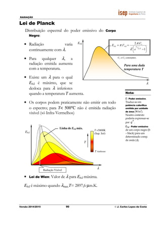 RADIAÇÃO
Versão 2014/2015 90 © J. Carlos Lopes da Costa
Lei de Planck
Distribuição espectral do poder emissivo do Corpo
Negro:
• Radiação varia
continuamente com λ.
• Para qualquer λ, a
radiação emitida aumenta
com a temperatura.
• Existe um λ para o qual
Ebλ é máximo, que se
desloca para λ inferiores
quando a temperatura T aumenta.
• Os corpos podem praticamente não emitir em todo
o espectro; para T< 500°C não é emitida radiação
visível (só Infra-Vermelhos)
• Lei de Wien: Valor de λ para Ebλ máxima.
Ebλ é máximo quando λmax.T= 2897,6 µm.K.
Para uma dada
temperatura T
λ
Ebλ






−
==
1
..2
'.
.5
1
2
T
Cbb
e
C
IE
λ
λλ
λ
π
π
C1 e C2 constantes.
λ
Ebλ
Linha de Ebλλλλ máx.
T Ambiente
Radiação Visível
T
T =5800K
(Sup. Sol)
Nota:
E- Poder emissivo.
Traduz-se em
potência calorífica
emitida por unidade
de área (W/m2
).
Noutro contexto
poderia expressar-se
por q ′′ .
Ebλλλλ - Poder emissivo
de um corpo negro (b
– black) para um
determinado comp.
de onda (λ).
 