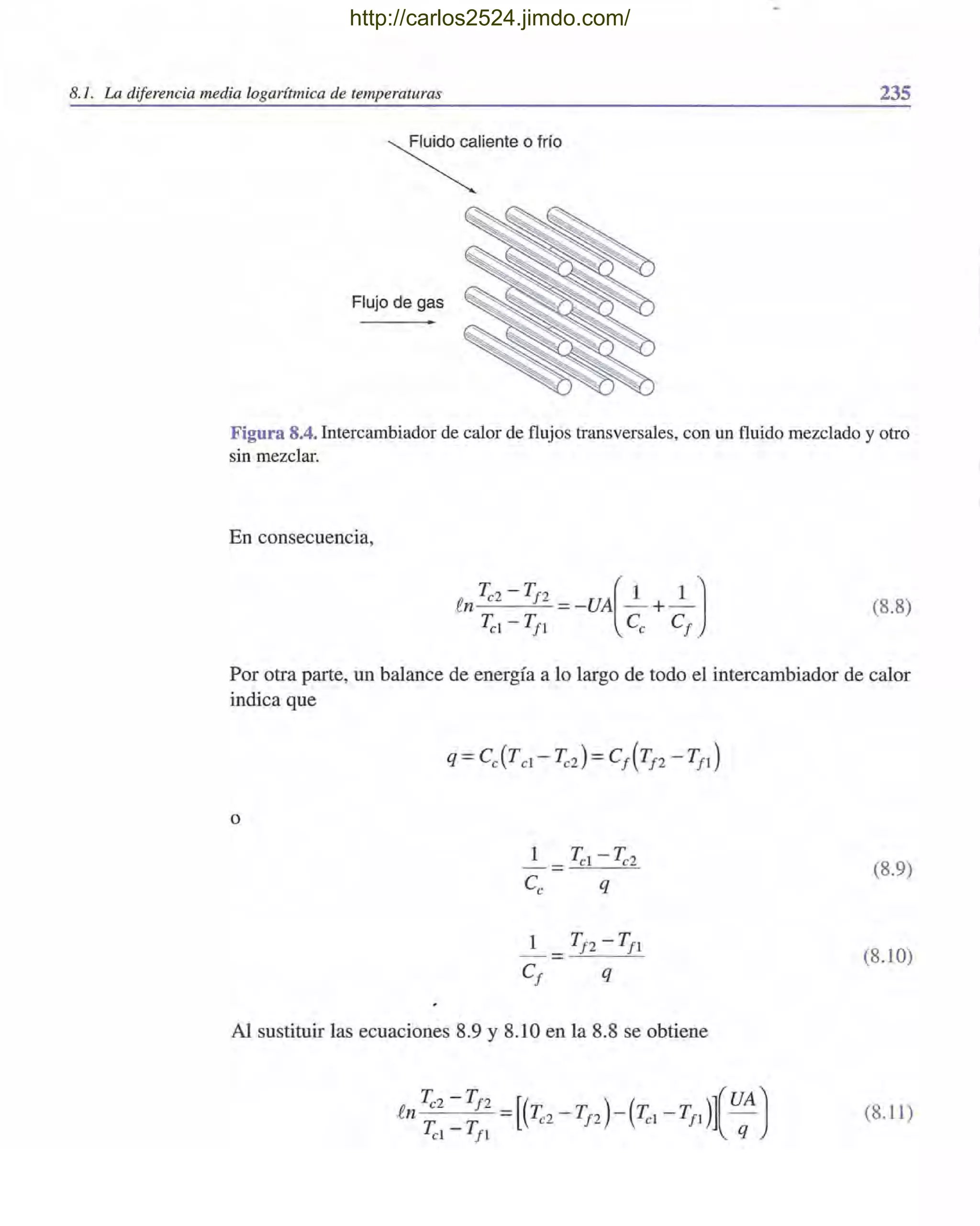 8.1. La diferencia media logarítmica de temperaturas 235
Flujo de gas
Figura 8.4. Intercambiador de calor de flujos transversales, con un fluido mezclado y otro
sin mezclar.
En consecuencia,
T -T [ 1 1 J.en e2 12 =-UA _ +_
~! -TI! ee el
(8.8)
Por otra parte, un balance de energía a lo largo de todo el intercambiador de calor
indica que
o
(8.9)
_1_ _ TI2 - TI!
el q
(8.10)
Al sustituir las ecuaciones 8.9 y 8.10 en la 8.8 se obtiene
(8.11)
http://carlos2524.jimdo.com/
 