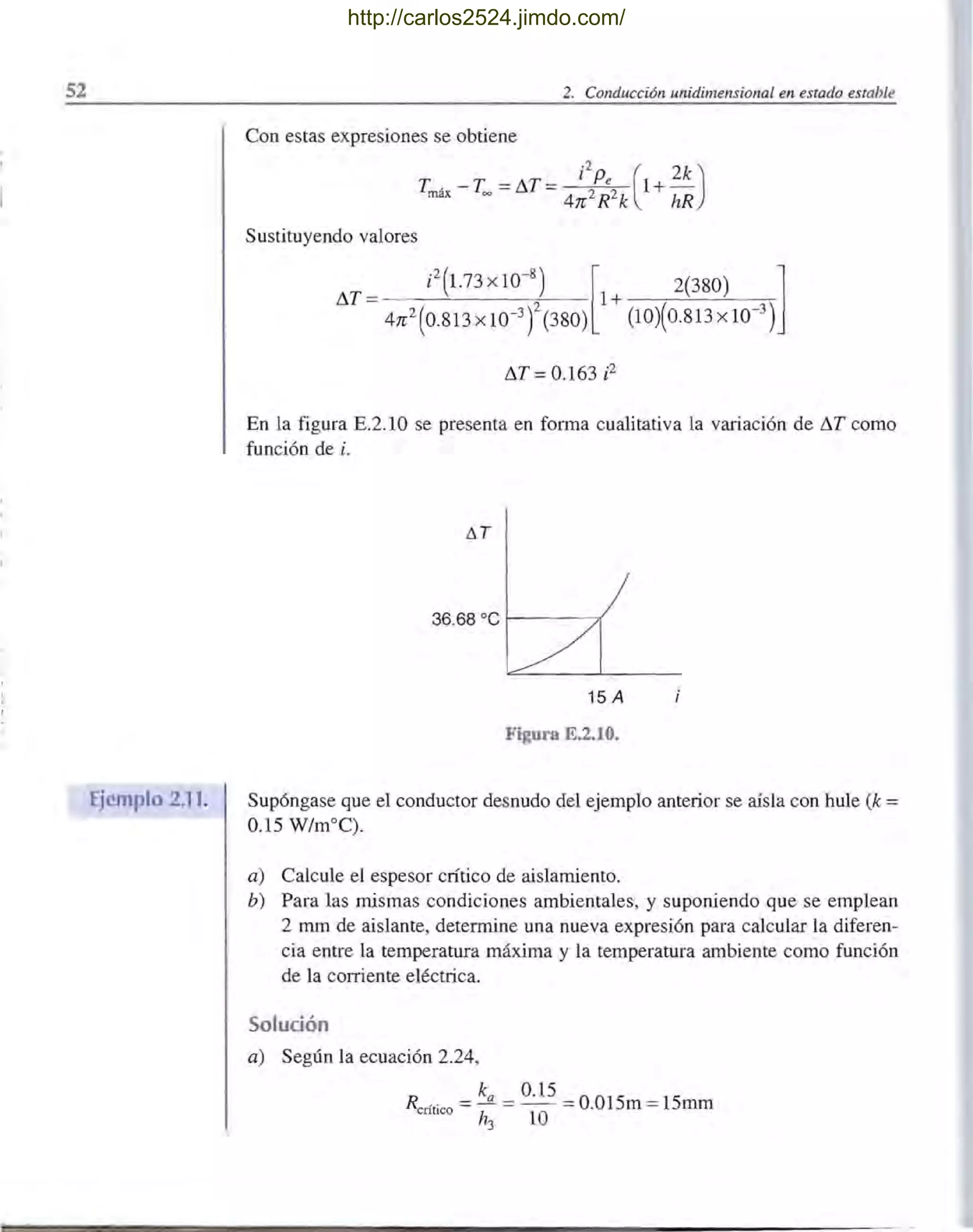 S2
Ejemplo 2.11.
2. Conducción unidimensional en estado estable
Con estas expresiones se obtiene
i
2
Pe ( 2k)Tmáx - T~ = !1T = 2 2 1+-
4n- R k hR
Sustituyendo valores
!1T =0.163 i2
En la figura E.2.1O se presenta en forma cualitativa la variación de !1T como
función de i.
tlT
36.68 oC r---~
15 A
Figura E.2.10.
Supóngase que el conductor desnudo del ejemplo anterior se aísla con hule (k =
0.15 W/m°C).
a) Calcule el espesor cótico de aislamiento.
b) Para las mismas condiciones ambientales, y suponiendo que se emplean
2 mm de aislante, determine una nueva expresión para calcular la diferen-
cia entre la temperatura máxima y la temperatura ambiente como función
de la corriente eléctrica.
Solución
a) Según la ecuación 2.24,
ka 0.15 00Rcrírico = - = - - = . 15m = 15mm
h:3 10
http://carlos2524.jimdo.com/
 