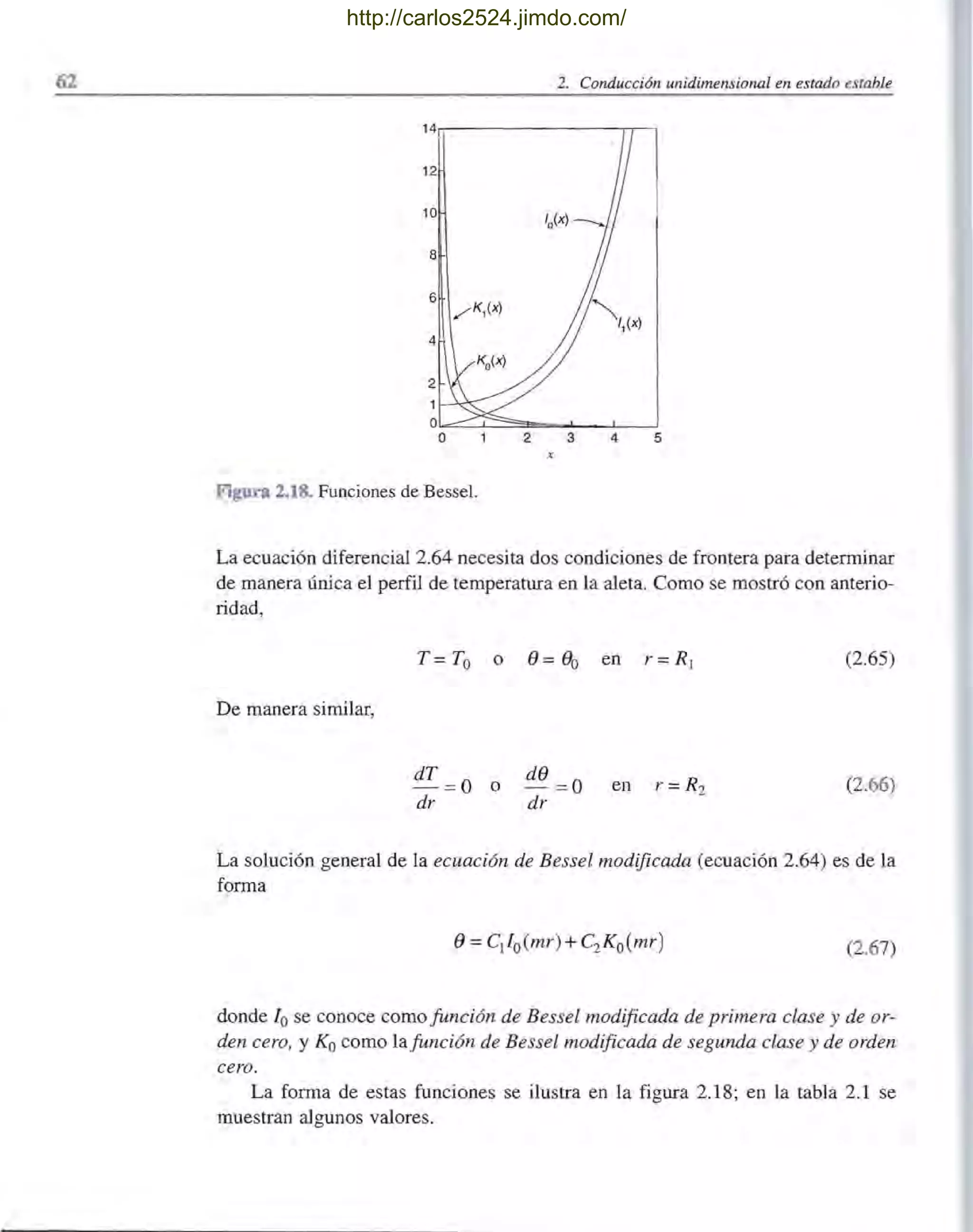 62 2. Coruiucción unidimensional en estado estable
14..----------,.....-.
12
10
8
2 3 4 5
Figura 2.18. Funciones de Bessel.
La ecuación diferencial 2.64 necesita dos condiciones de frontera para detenninar
de manera única el perfil de temperatura en la aleta. Como se mostró con anterio-
ridad,
T= To o 8= 80 en r=R¡ (2.65)
De manera similar,
dT =0 o d8 =0 en r=R2
dr dr
(2.66)
La solución general de la ecuación de Bessel modificada (ecuación 2.64) es de la
fonna
(2.67)
donde lo se conoce como función de Bessel modificada de primera clase y de or-
den cero, y Ko como la función de Bessel modificada de segunda clase y de orden
cero.
La fonna de estas funciones se ilustra en la figura 2.18; en la tabla 2.1 se
muestran algunos valores.
http://carlos2524.jimdo.com/
 