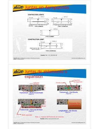Juntas en Aeropuertos
                                                                                                                                                           19




                                                                    Fuente: FAA - AC 150/5320-6E

TALLER: Diseño y Construcción de Juntas en Pavimentos de Concreto                                                         ivanricardo.sanchez@ingenieros.com
Medellín, 15 de julio de 2011




                           Juntas de aislamiento o
                                                                                                                                                           20




                           expansión
                                                                                                                               Capuchón
                                                                                                                               De Expansión
                                                 máximo                                       Dovela Lisa
                                                 25 mm
                                                                                                                                   e/2
                        1.2 e                                             e                                                                      e


               Transversal – Borde Ensanchado                                                        Transversal – Con Dovela
                                                                                                       a s e sa    Co   o ea
                                     (Tipo D-1)                                                              (Tipo D-2)




                                                                           e
                                                                                                                   Elemento Fijo
                                                                     20 cm                                          o Estructura
                                     1.80 m

                Transversal – Con Losa de base
                                     (Tipo D-3)                                                    Longitudinal – Sin Dovela
                                                                                                            (Tipo D-4)

                    Medio separador
                                                      Nota:
                                                      N t e= E
                                                             Espesor d l P i
                                                                     del Pavimento d C
                                                                                t de Concreto
                                                                                           t
                                                                    Fuente: ACPA, www.pavement.com


TALLER: Diseño y Construcción de Juntas en Pavimentos de Concreto                                                         ivanricardo.sanchez@ingenieros.com
Medellín, 15 de julio de 2011
 
