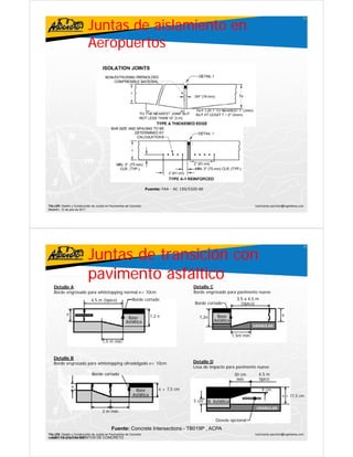 Juntas de aislamiento en
                                                                                                                                                               21




                           Aeropuertos




                                                                    Fuente: FAA - AC 150/5320-6E



TALLER: Diseño y Construcción de Juntas en Pavimentos de Concreto                                                             ivanricardo.sanchez@ingenieros.com
Medellín, 15 de julio de 2011




                           Juntas de transición con
                                                                                                                                                               22




                           pavimento asfáltico
   Detalle A                                                                               Detalle C
   Borde engrosado para whitetopping normal e> 10cm                                        Borde engrosado para pavimento nuevo
                              4,5
                              4 5 m (típico)              Borde cortado                                             3,5 a 4,5 m
                                                                                                                     ,       ,
                                                                                           Borde cortado               (típico)

            e                                                          1,2 e                           Base                                     e
                                                       Base                                   1,2e
                                                      Asfáltica                                       Asfáltica
                                                                                                                              GRANULAR

                                                                                                                  1,5m mín.
                                     1,5 m mín.


   Detalle
   D t ll B
   Borde engrosado para whitetopping ultradelgado e< 10cm                                  Detalle D
                                                                                           Losa de impacto para pavimento nuevo
                              Borde cortado                                                                        30 cm        4,5 m
                                                                                                                    mín         típico
                e
                                                            Base           e + 7,5 cm                                             4 cm
                                                           Asfáltica                                                                             e > 17,5 cm
                                                                                           5 cm    B. Asfáltica
                                                                                                                               GRANULAR
                                     2 m mín.

                                                                                                       Dovela opcional
                                            Fuente: Concrete Intersections - TB019P , ACPA
TALLER: Diseño y Construcción de Juntas en Pavimentos de Concreto                                                             ivanricardo.sanchez@ingenieros.com
 JUNTAS EN PAVIMENTOS DE CONCRETO
Medellín, 15 de julio de 2011
 