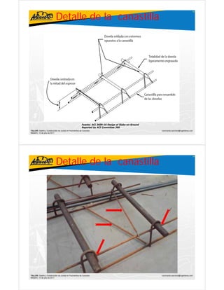 Detalle de la canastilla
                                                                                                                                         33




                                                        Fuente: ACI 360R-10 Design of Slabs-on-Ground
                                                        Reported by ACI Committee 360
TALLER: Diseño y Construcción de Juntas en Pavimentos de Concreto                                       ivanricardo.sanchez@ingenieros.com
Medellín, 15 de julio de 2011




                           Detalle de la canastilla
                                                                                                                                         34




TALLER: Diseño y Construcción de Juntas en Pavimentos de Concreto                                       ivanricardo.sanchez@ingenieros.com
Medellín, 15 de julio de 2011
 