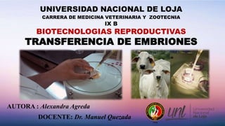 DOCENTE: Dr. Manuel Quezada
UNIVERSIDAD NACIONAL DE LOJA
CARRERA DE MEDICINA VETERINARIA Y ZOOTECNIA
IX B
BIOTECNOLOGIAS REPRODUCTIVAS
TRANSFERENCIA DE EMBRIONES
AUTORA : Alexandra Agreda
 