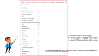 0-3 Transporte de bajo riesgo.
4-7 Transporte de riesgo intermedio.
> o igual 8 Transporte de alto riesgo.
Intrahospital transportation of the seriously ill patient. The need for an action guideline
Enferm Intensiva 2011;22:74-7 - DOI: 10.1016
 