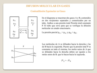 DIFUSION MOLECULAR EN GASES 
Contradifusión Equimolar en Gases 
pA1 pA2 
p 1A 
P 
p 2 A 
P 
1 2 
* 
A J 
p pB2 B1 
* 
B J 
En el diagrama se muestran dos gases A y B, contenidos 
en dos recipientes separados y comunicados por un 
tubo. Ambos a una presión total Presión total constante 
P. El tubo que sirve para que se verifique la difusión 
molecular en estado estacionario. 
La presión parcial pA 1 > pA2 y pB2 > pB1. 
p 2B 
P 
p 1B 
P 
pA1 
pA2 
pB1 
pB2 
P 
Las moléculas de A se difunden hacia la derecha y las 
de B hacia la izquierda. Puesto que la presión total P es 
constante en todo el sistema, los moles netos de A que 
se difunden hacia la derecha deben ser iguales a los 
moles netos de B, que lo hacen hacia la izquierda. 
J*A = - J*B 
 