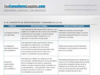 www.tusconsultoreslegales.com

                                                     info@tusconsultoreslegales.com




8. EL CONCEPTO DE INVESTIGACIÓN Y DESARROLLO (I+D)
 