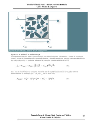 Figura 19: Difusão de A através de um corpo poroso.
b) Difusão de A através de membranas (M)
Considere-se dois fluidos (F1 e F2) separados por uma membrana (como, por exemplo, a parede de um tubo de
diálise). Através de uma membrana o movimento sensível é também desprezável, pelo que é aplicável a lei de Fick.
Por integração da Eq. 22, obtém-se, atendendo às condições fronteira definidas na Fig. 20:
(36)
Se a área de transferência for constante, atendendo à lei de equilíbrio apresentada na Fig. 20 e definindo
Permeabilidade da membrana (m
2
.s
-1
) PM=m.DAB, o fluxo molar será
(37)
Transferência de Massa - Série Concursos Públicos
Curso Prático & Objetivo
Transferência de Massa - Série Concursos Públicos
Curso Prático & Objetivo
09
 