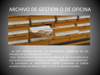 ARCHIVO DE GESTION O DE OFICINA
- EN ESTE ARCHIVO REPOSAN LOS DOCUMENTOS GENERADOS EN LOS
PROCESOS DE GESTION ADMINISTRATIVA.
-TODA TRANSFERENCIA DEBERÁ IR ACOMPAÑADA DE UN INVENTARIO EN EL
QUE SE RELACIONARAN LAS SERIES, SUBSERIES Y UNIDADES DOCUMENTALES.
- EL CALENDARIO DE TRNSFERENCIAS DEBERÁ ELABORARSE DE COMÚN
ACUERDO ENTRE LOS PRODUCTORES Y EL JEFE DE ARCHIVO CENTRAL.
 