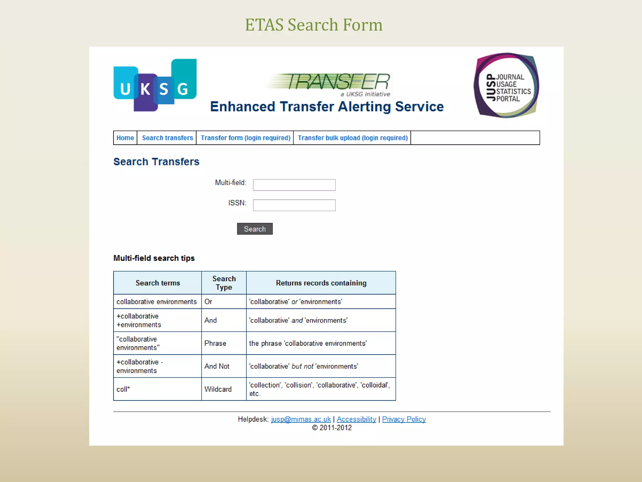 ETAS Search Form
 