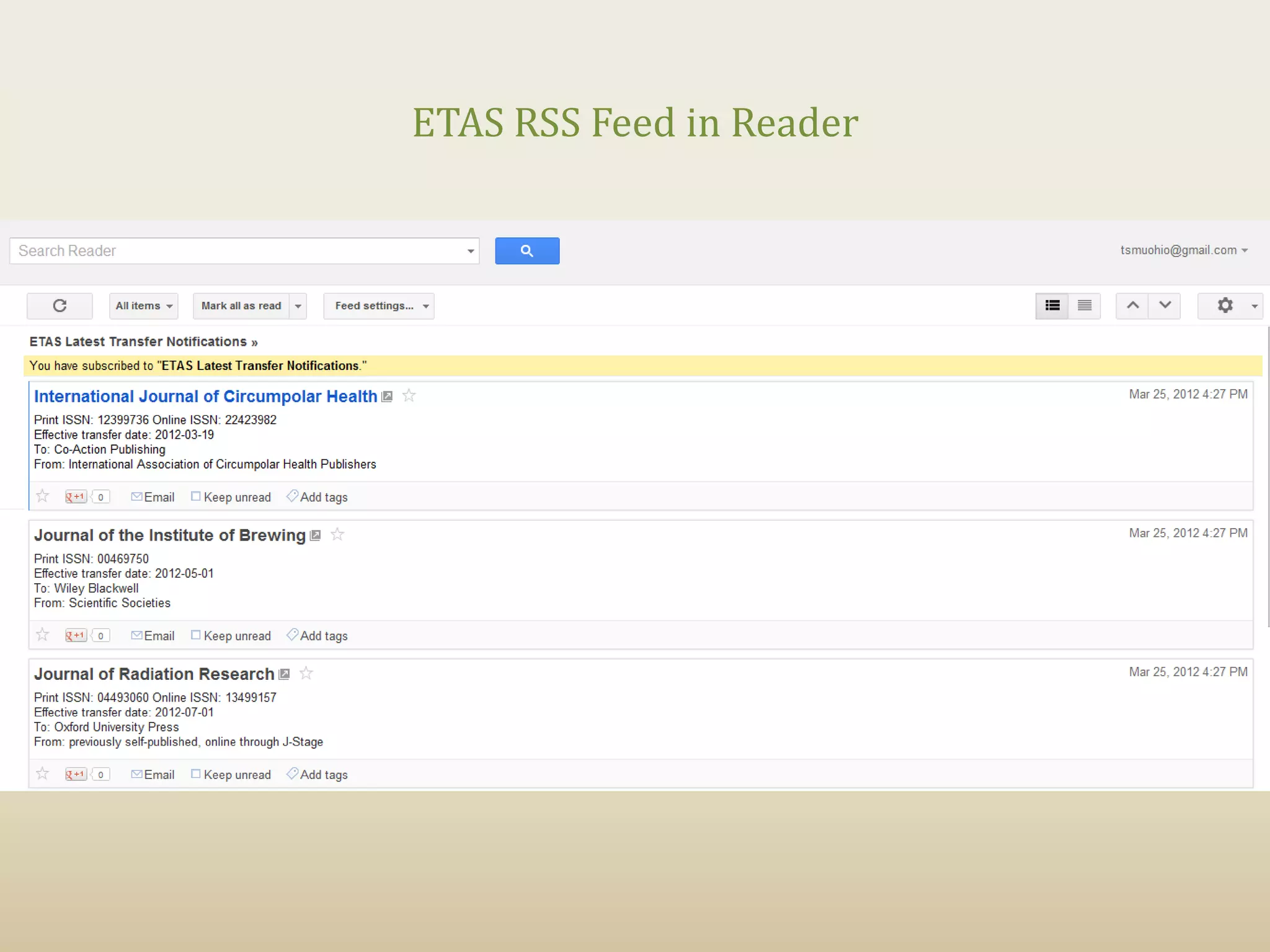 ETAS RSS Feed in Reader
 
