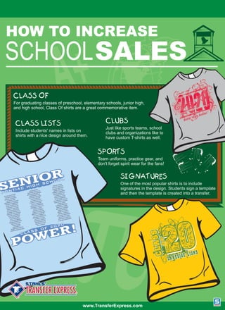 Class Of T-shirts
Class Lists T-shirts
Signature T-shirts
School Apparel Sales
Custom School Apparel
Sports Apparel
Club T-shirts
www.TransferExpress.com
For graduating classes of preschool, elementary schools, junior high,
and high school, Class Of shirts are a great commemorative item.
Include students' names in lists on
shirts with a nice design around them.
Just like sports teams, school
clubs and organizations like to
have custom T-shirts as well.
Team uniforms, practice gear, and
don't forget spirit wear for the fans!
One of the most popular shirts is to include
signatures in the design. Students sign a template
and then the template is created into a transfer.
SALES
HOW TO INCREASE
SCHOOL
 