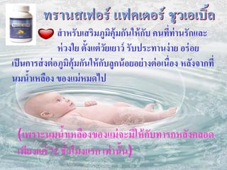 สาหรับเสริมภูมคุ้มกันให้ กบ คนทีท่านรักและ
                                     ิ       ั        ่
                ห่ วงใย ตั้งแต่ วยเยาว์ รับประทานง่ าย อร่ อย
                                   ั
เป็ นการส่ งต่ อภูมคุ้มกันให้ กบลูกน้ อยอย่ างต่ อเนื่อง หลังจากที่
                    ิ            ั
นมนาเหลือง ของแม่ หมดไป
      ้



 (เพราะนมน้าเหลืองของแม่ จะมีให้ กบทารกหลังคลอด
                                   ั
 เพียงแค่ 72 ชั่วโมงแรก เท่ านั้น)
 
