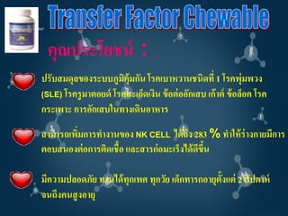 คุณประโยชน์ :
ปรับสมดุลของระบบภูมิคุ้มกัน โรคเบาหวานชนิดที่ 1 โรคพุ่มพวง
(SLE) โรครู มาตอยด์ โรคสะเก็ดเงิน ข้ อต่ ออักเสบ เก๊ าต์ ข้ อล็อค โรค
กระเพาะ การอักเสบในทางเดินอาหาร
สามารถเพิมการทางานของ NK CELL ได้ ถึง 283 % ทาให้ ร่างกายมีการ
         ่
ตอบสนองต่ อการติดเชื้อ และสารก่อมะเร็งได้ ดีขึน
                                              ้

มีความปลอดภัย ทานได้ ทุกเพศ ทุกวัย เด็กทารกอายุต้ังแต่ 2 สั ปดาห์
จนถึงคนสู งอายุ
 
